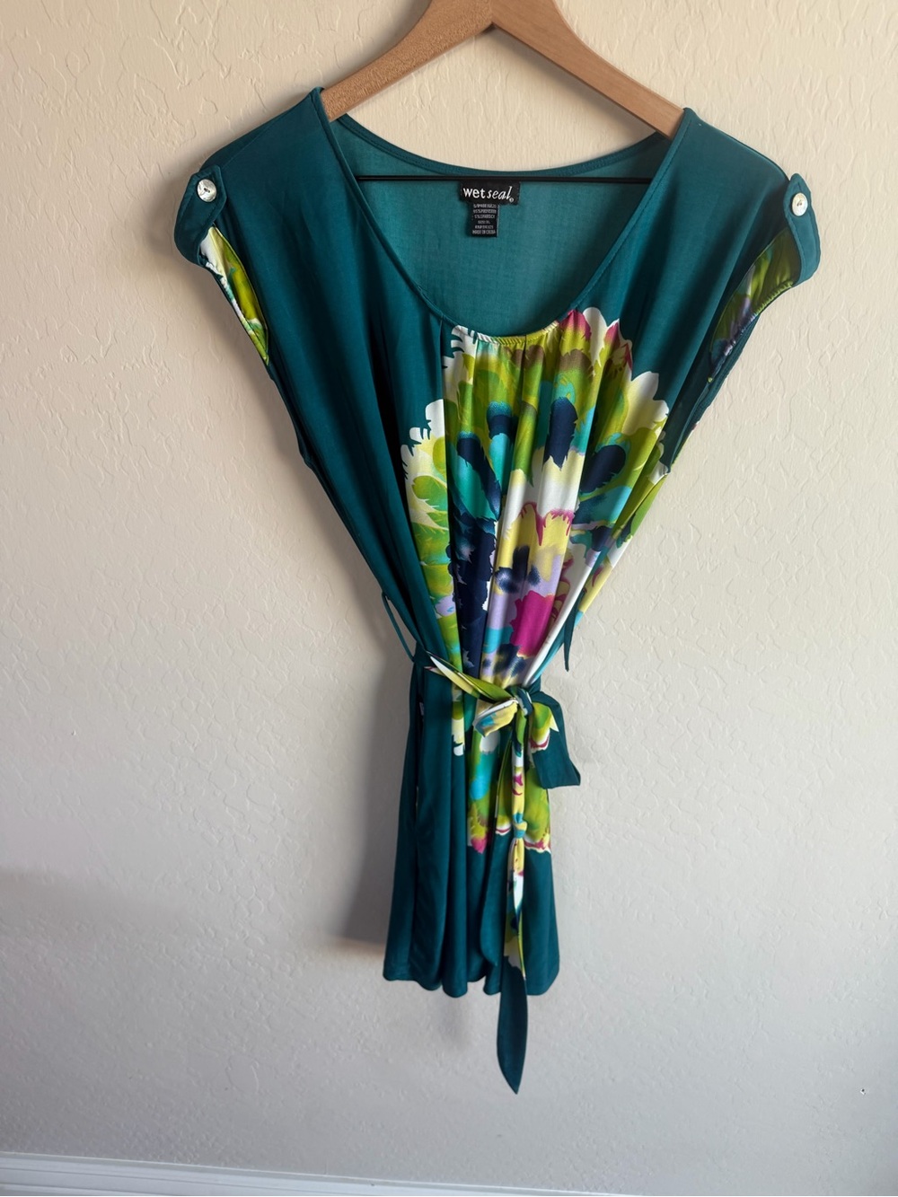 Wet Seal Teal Floral Belted Cap Sleeve Dress XL Y2K 90s Vintage Stretchy Comfy